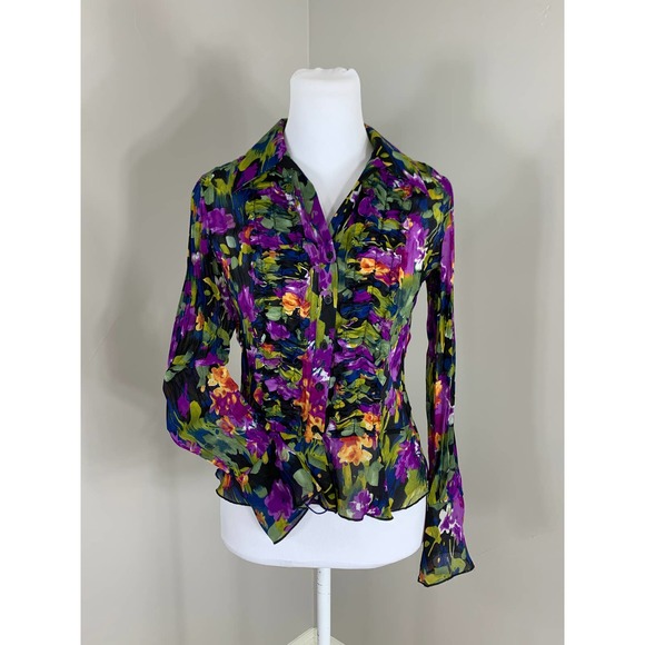 Vintage 90s Y2k Dark Floral Crinkle Blouse GlamRock Bold Peplum Indie Goth Punk - Picture 8 of 11